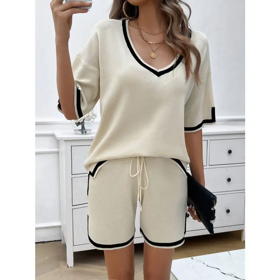 Contrast Trim V Neck Top and Shorts Set