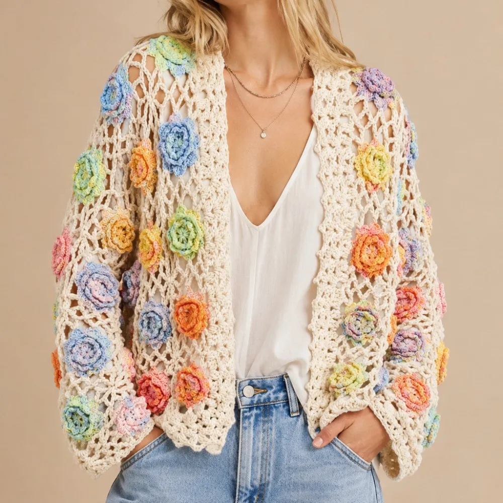 Open Front Crochet Floral Detail Scalloped Edge Cardigan