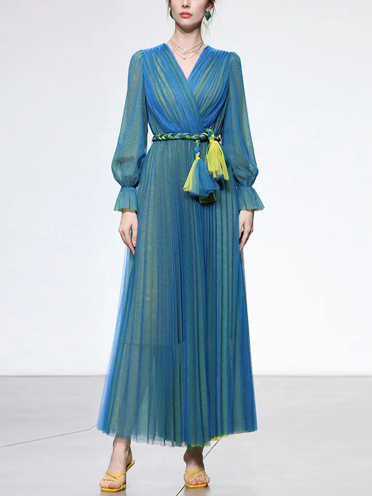 Pleated Lantern V Neck Long Dress