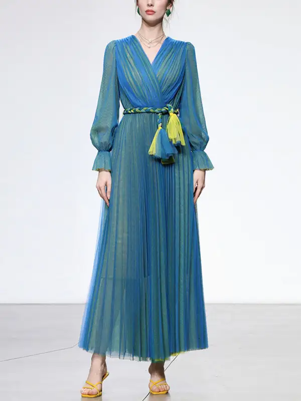 Pleated Lantern V Neck Long Dress