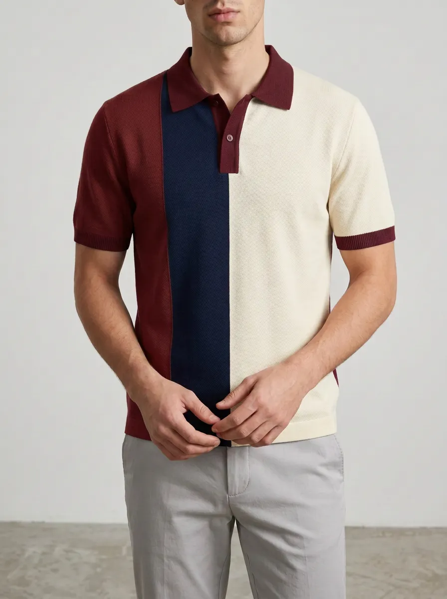 Men's Colorblock Mustard Navy White Stripe Polo Shirt