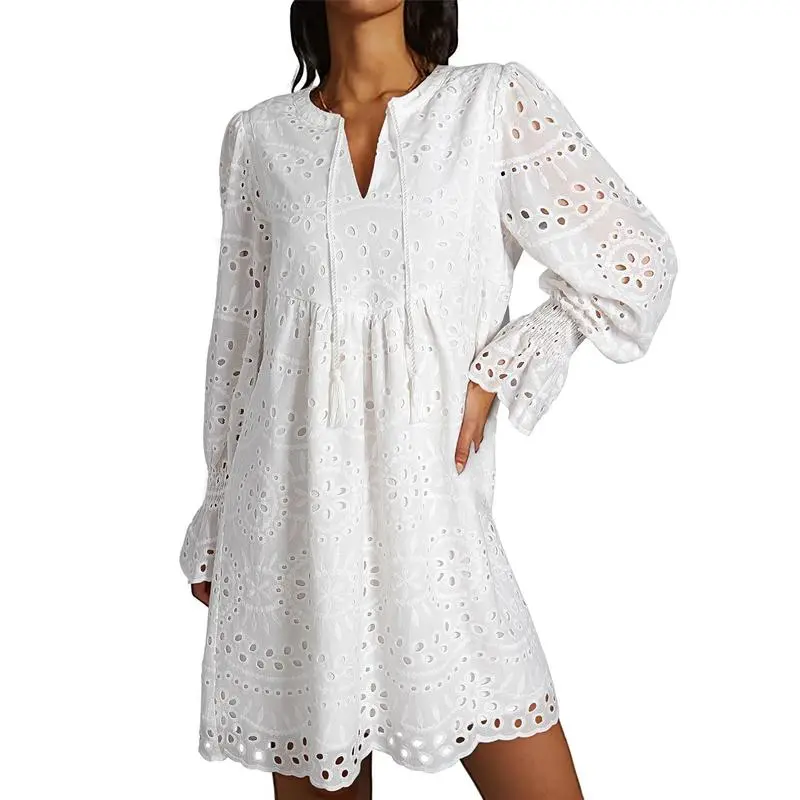 Women's 2025 Casual Dress Tassel V Neck Long Sleeve A Line Hollow Out Lace Ruffle Above Knee Dress, 100% Cotton, Comfortable Fit