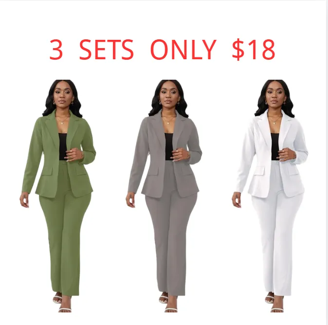 Women's Basic Plain Button Lapel Neck Blazer & Suit Pants