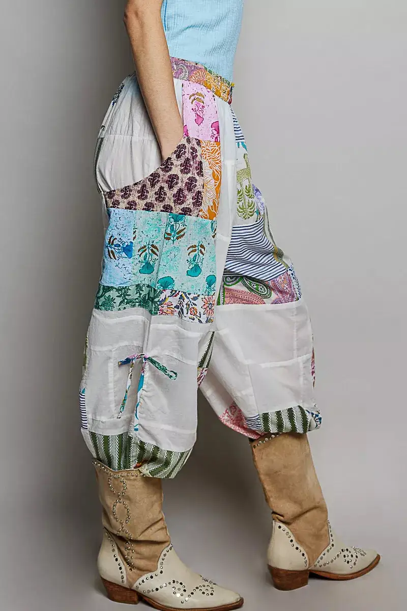 Relaxed Printed Patchwork Wide Leg Pants With Adjustable Side Drawstring