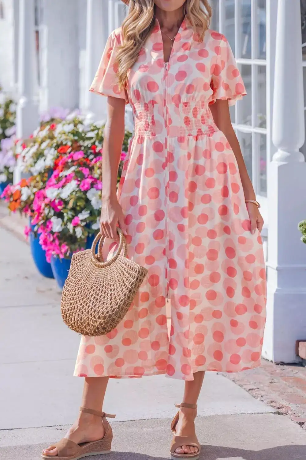 Polka Polka Dot Puff Sleeve Midi Dress