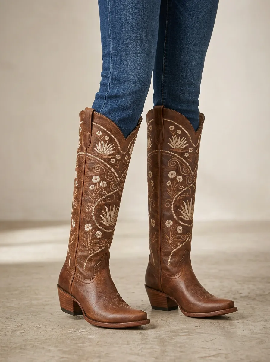 Women's Western Floral Embroidered Pointed-Toe Block-Heel Stacked-Heel Pull-On Denim Over-the-Knee Boots