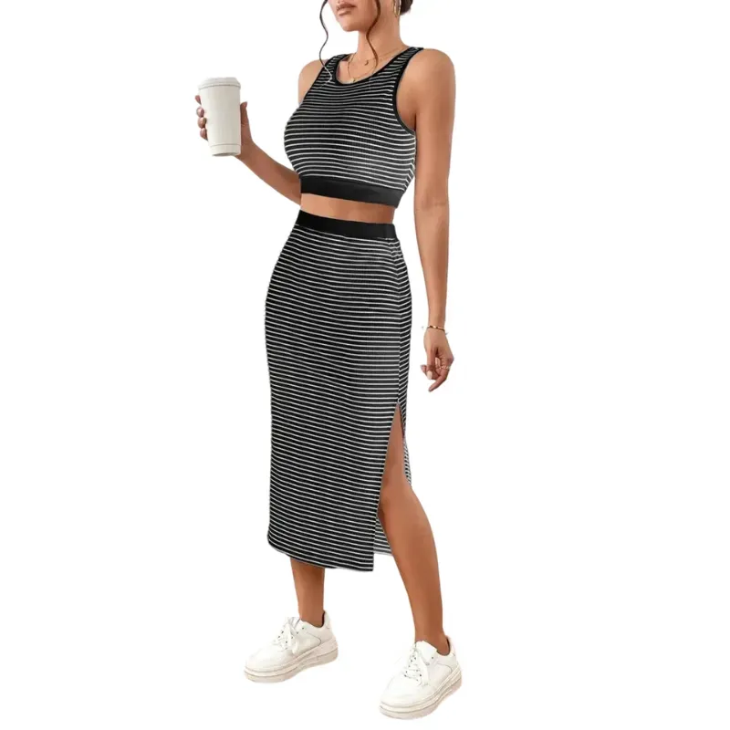 Women's Striped Print Crop Top & Skirt Two-Piece Set