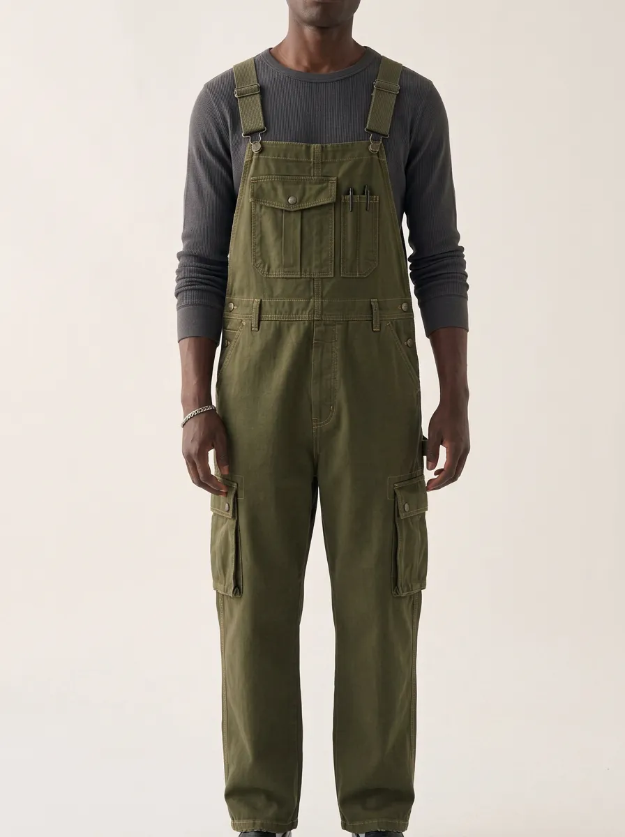 Men's Olive Green Multi-Pocket Workwear Bib Overalls