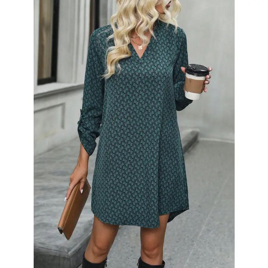 Printed V Neck Long Sleeve Mini Dress