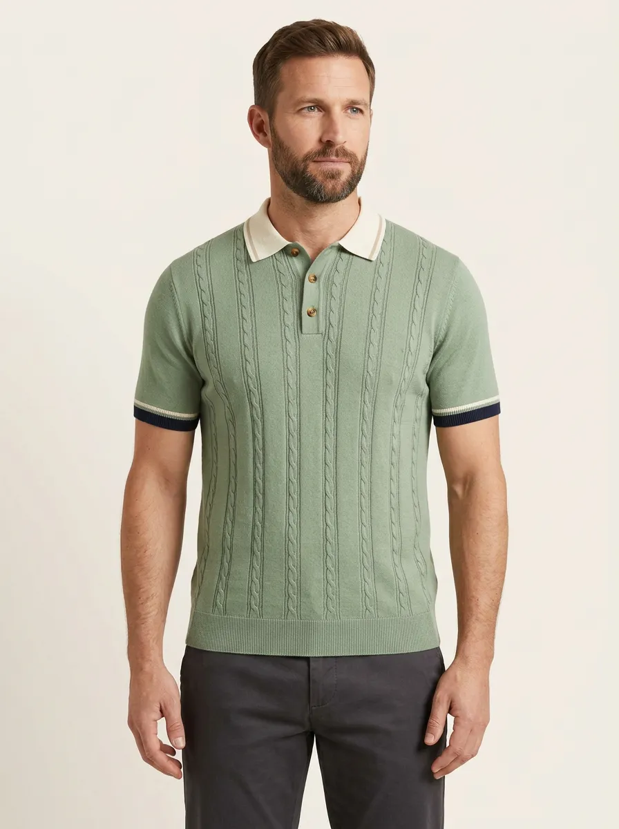 Men's Cable-Knit Ribbed Textured Striped Polo Shirt