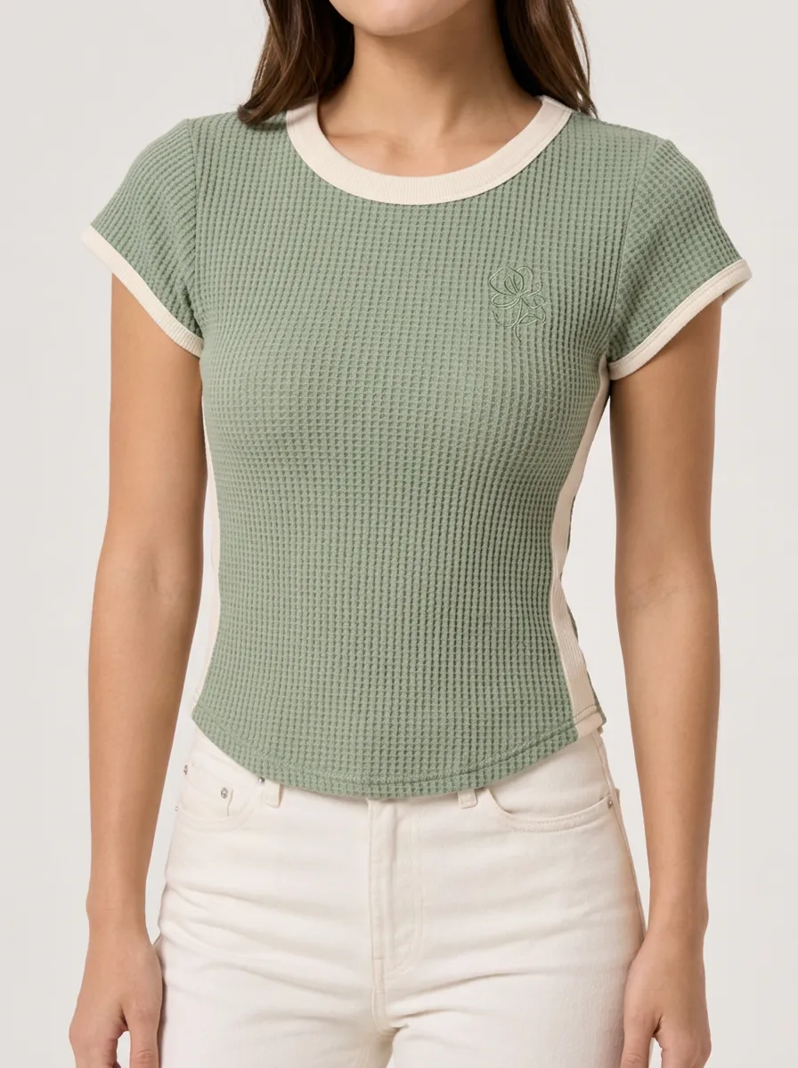 Women's Sage Green Floral Embroidered Waffle Knit Ringer Top