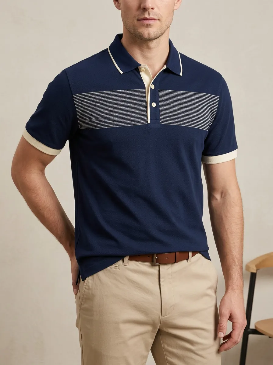 Men's Knit Ribbed Textured Horizontal-Stripe Contrast-Collar Polo Shirt