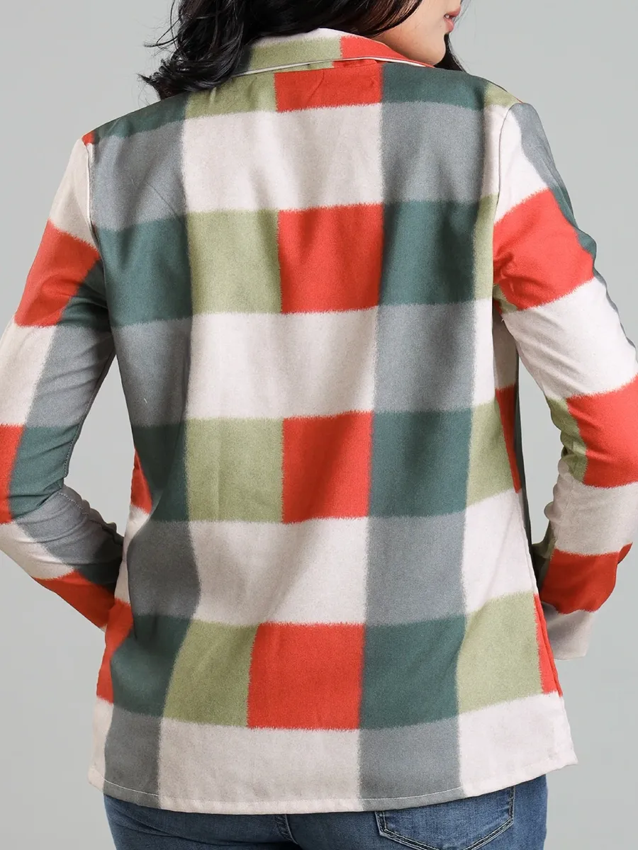 Modern Fashionable Multi-Color Checked Art Print Women's Jacket