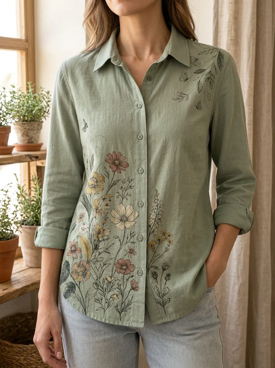Women's Botanical Nature Lover Wildflower Butterfly Printed Shirt