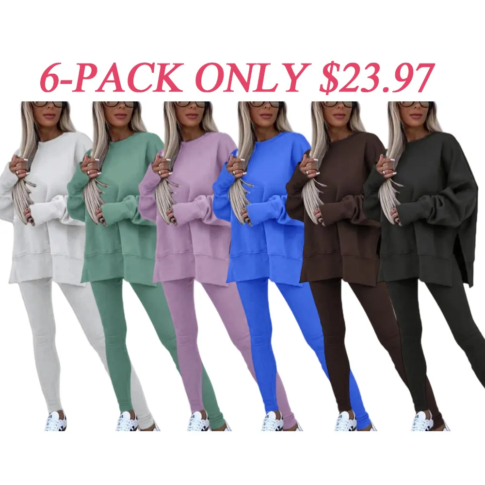 🔥6 PACKS $23.97🔥Women Casual Two Piece Outfits Oversized Pullover Sweatshirts with Thumb Hole Slit Ribbed Pants