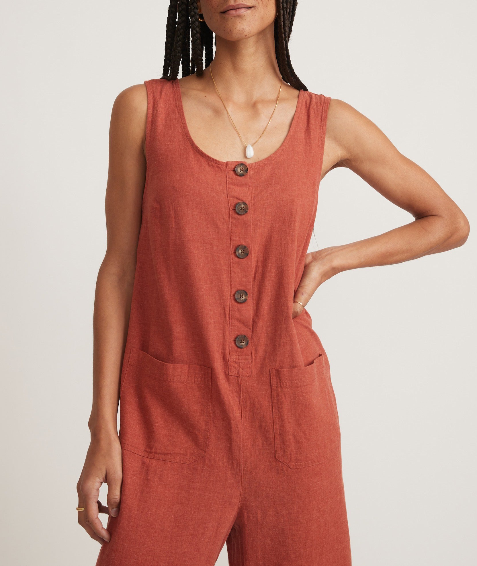 Button-Down Sleeveless Cotton Jumpsuit