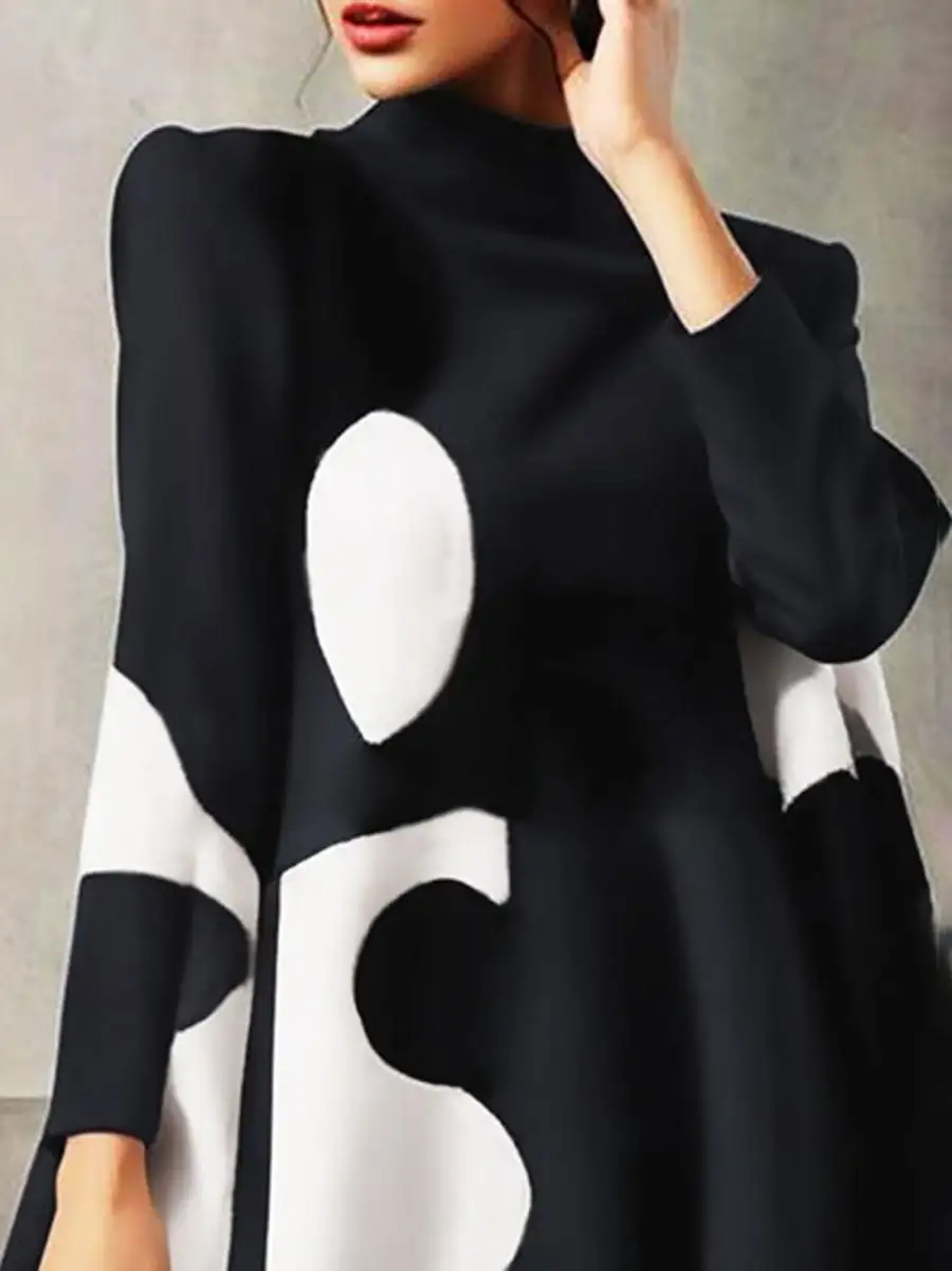 A Line Long Sleeve Polka Dot Split Joint Mock Neck Mini