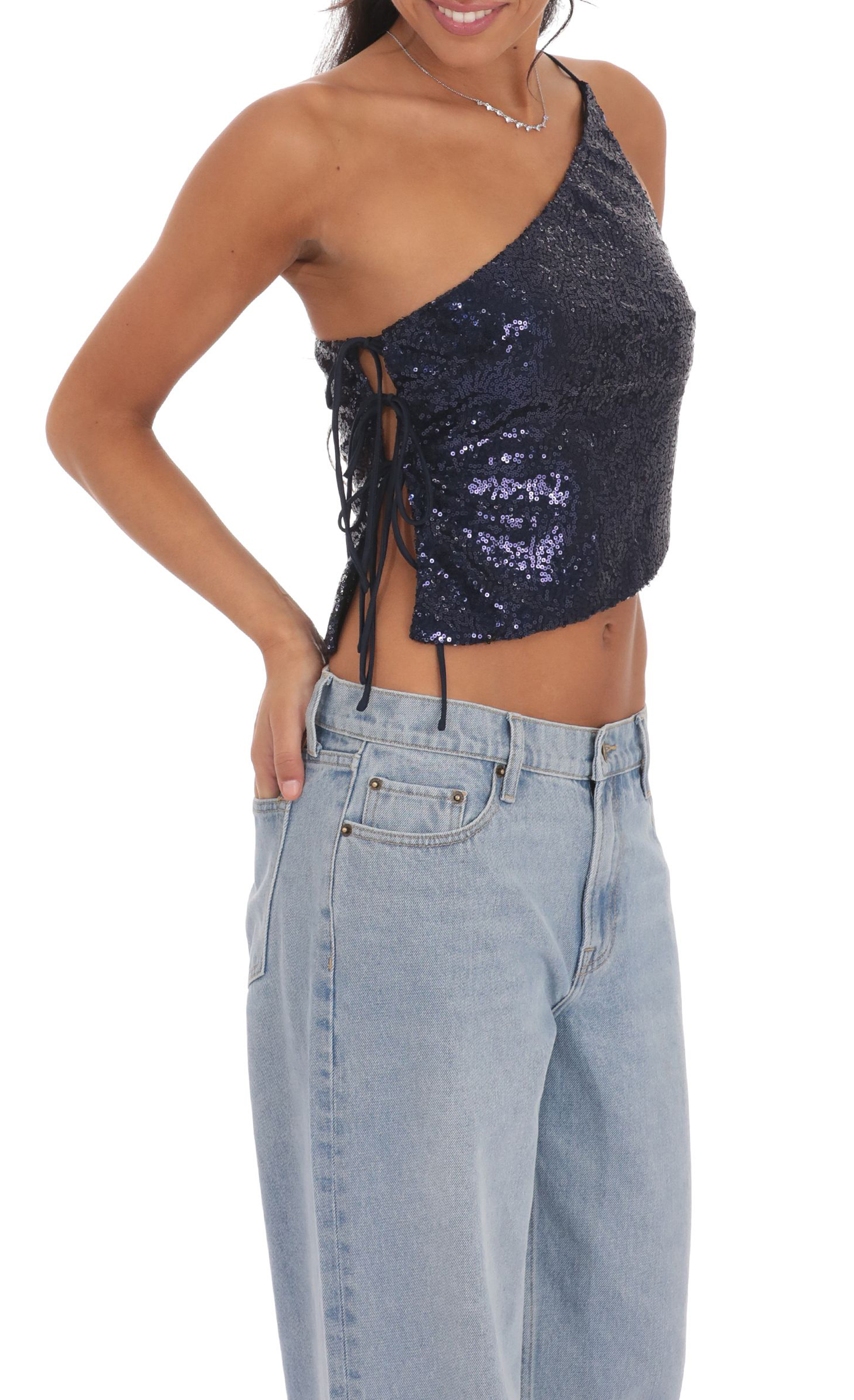 Sequin One Shoulder Tie Top in Navy