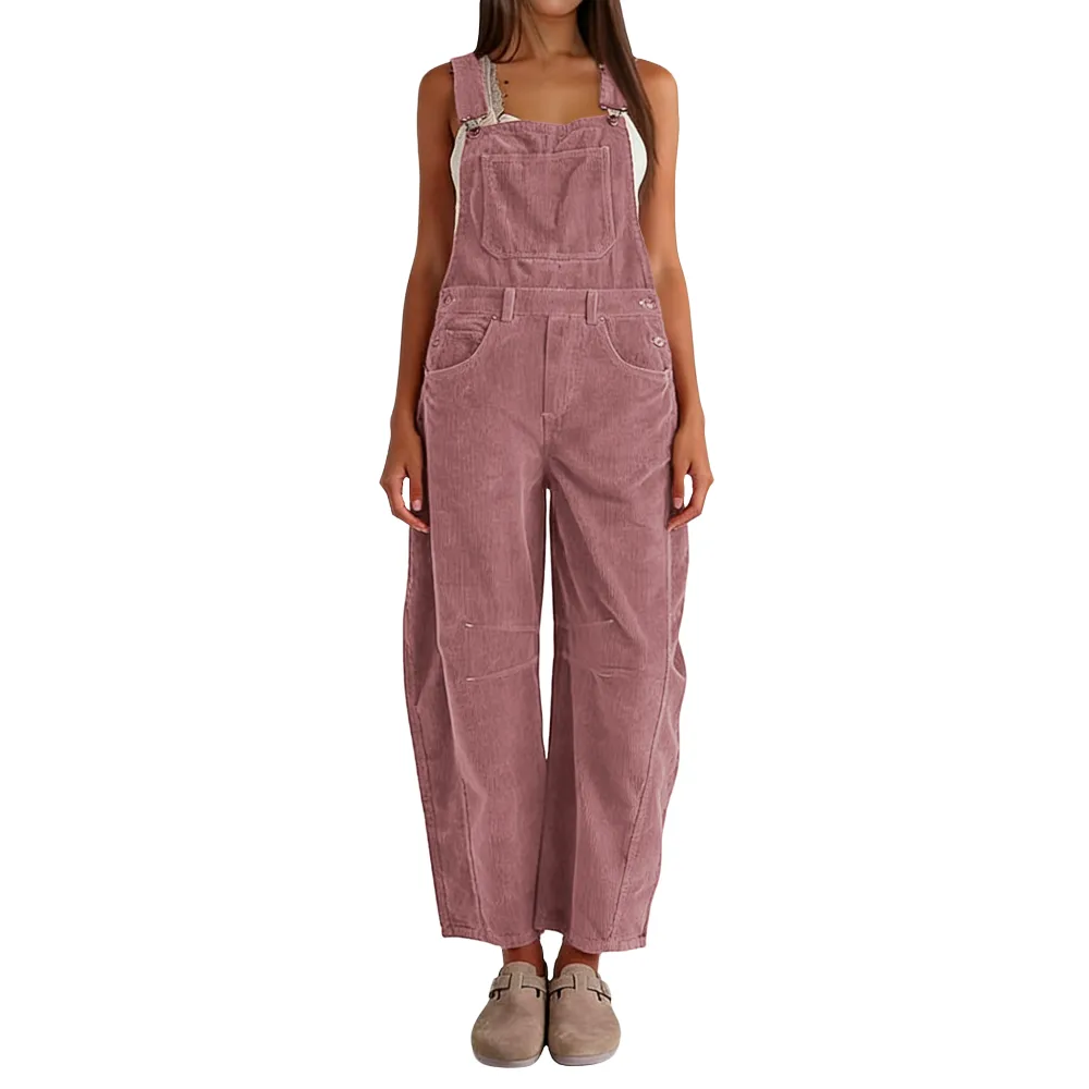 Women Barrel Wide Leg Bib Corduroy Pants