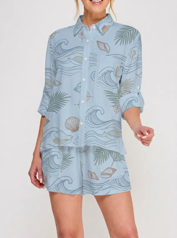 Women's Beach Vacation Ocean Wave Seashell Palm Printed Shirt