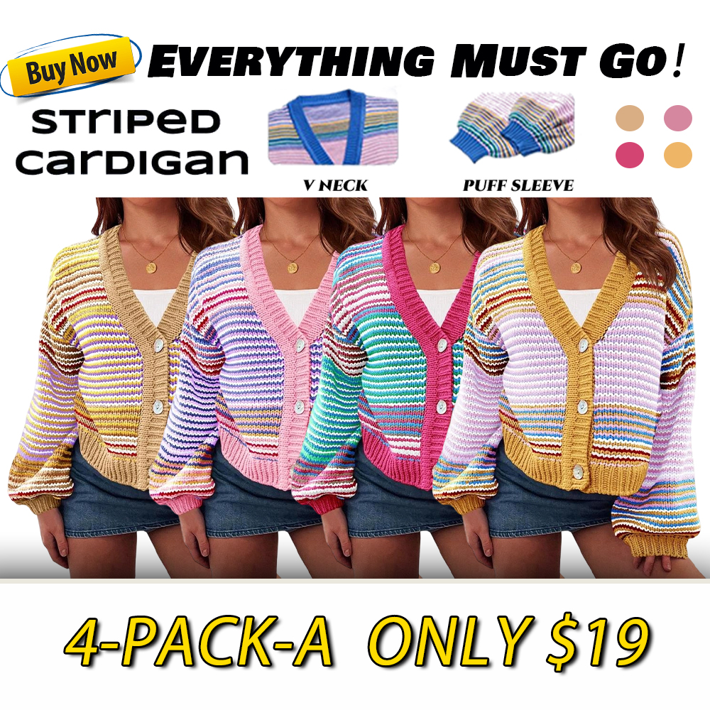 Womens Striped Cardigan Sweaters Oversized Puff Sleeve Button Up V Neck Color Block Knit Sweater Coat