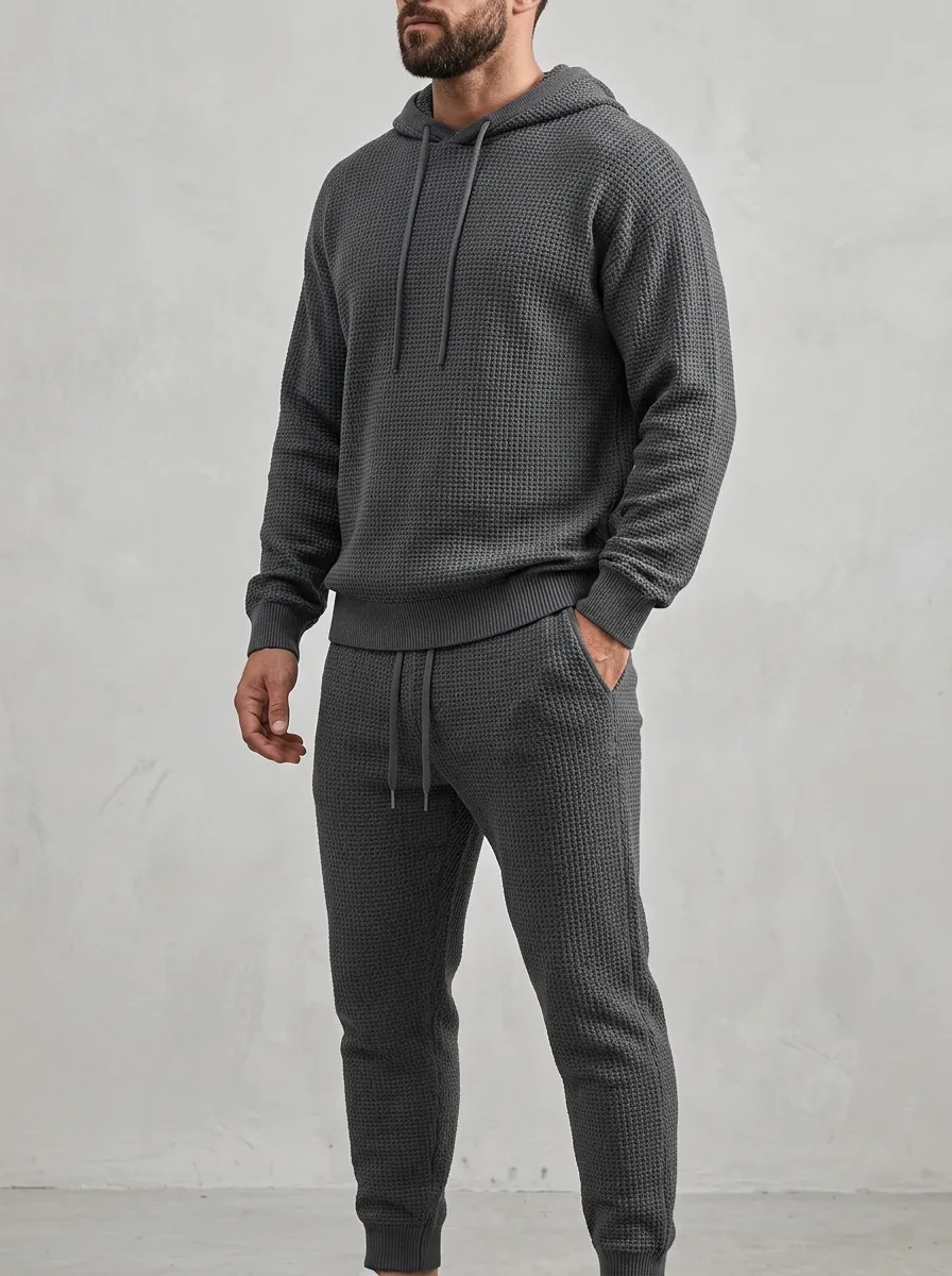 Waffle-Knit Men's Knit Hoodie Jogger Set