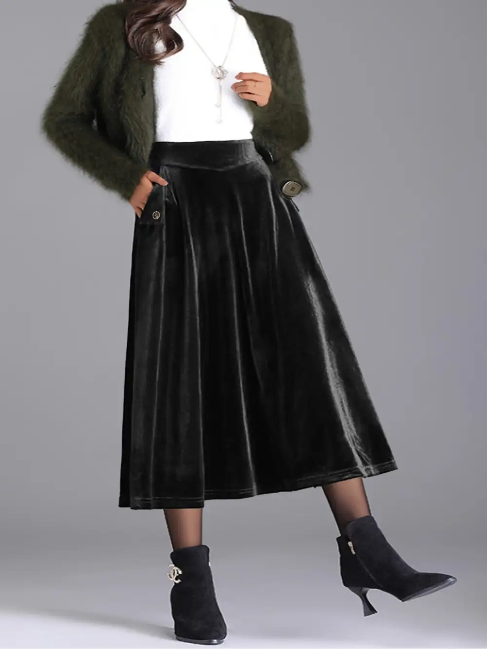 Plus Size Elegant Velvet A-line Midi Skirt