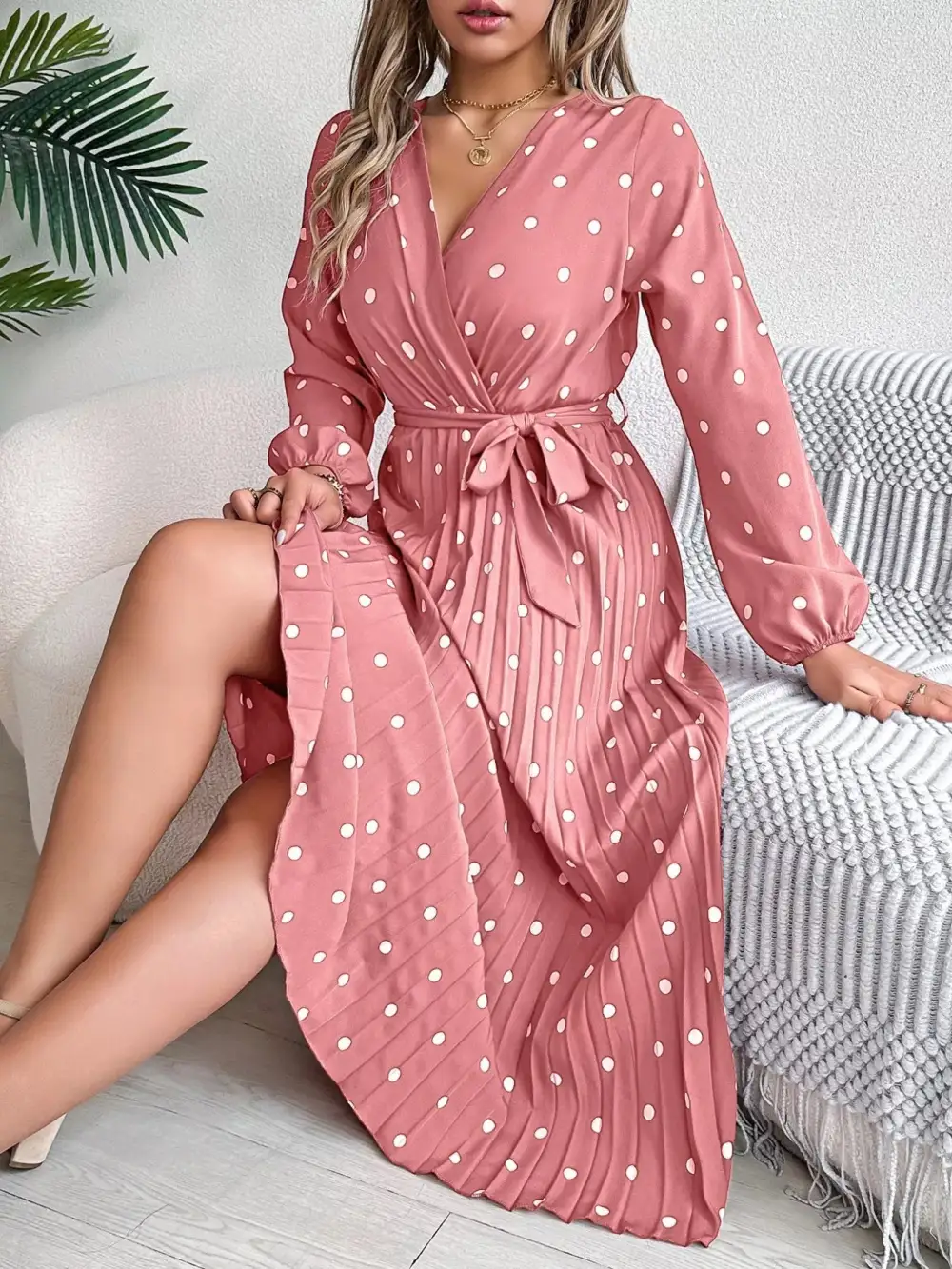 Polka Dot Pleated Midi Dress