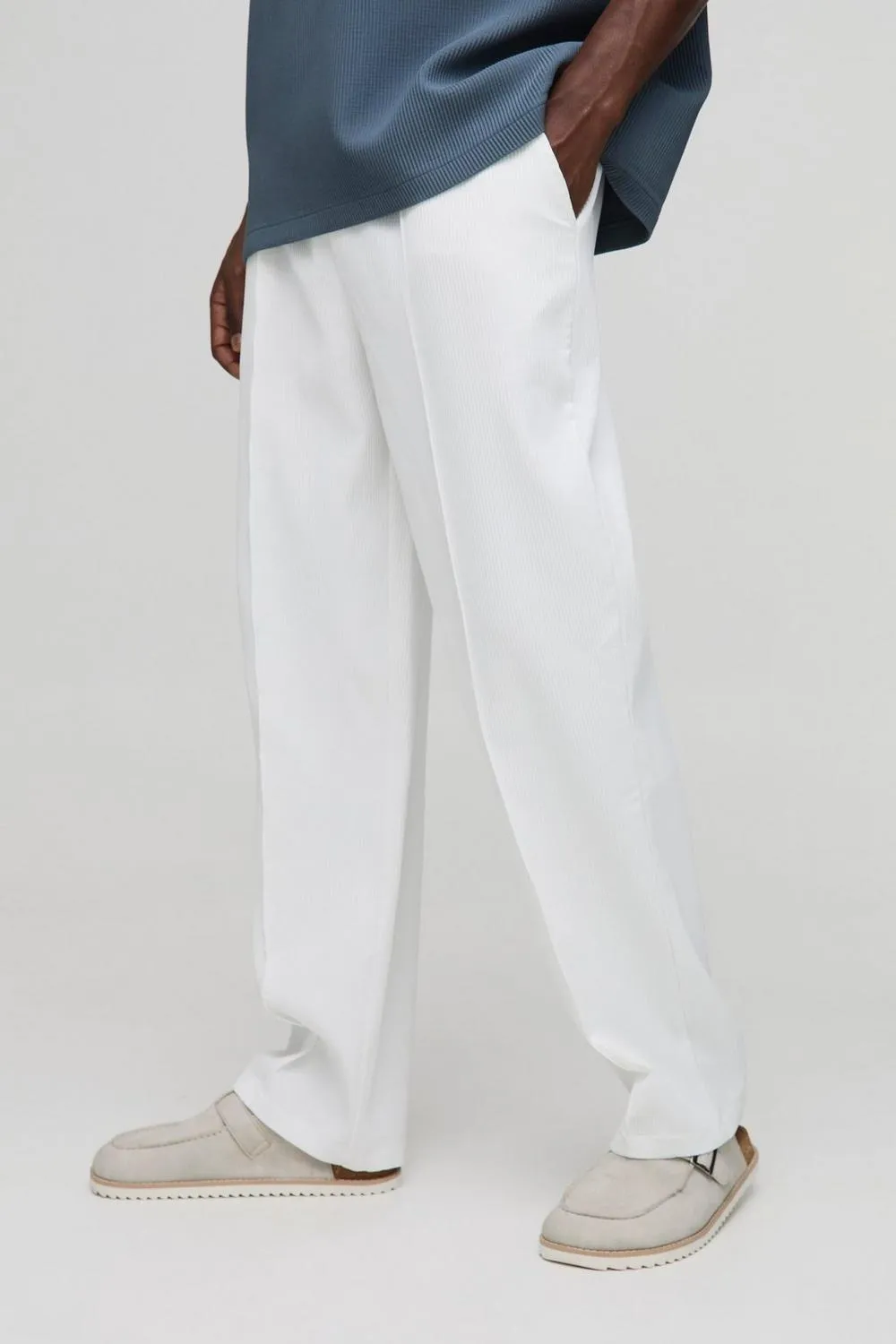 Casual Style Elasticated Relaxed Fit Pleated Pintuck Trousers Daily White