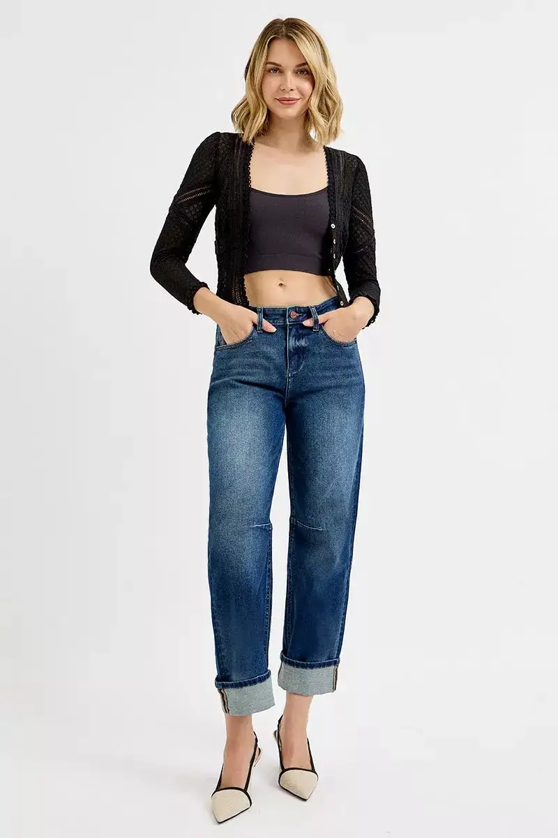 Textured Barrel Leg Cuffed Denim Jeans