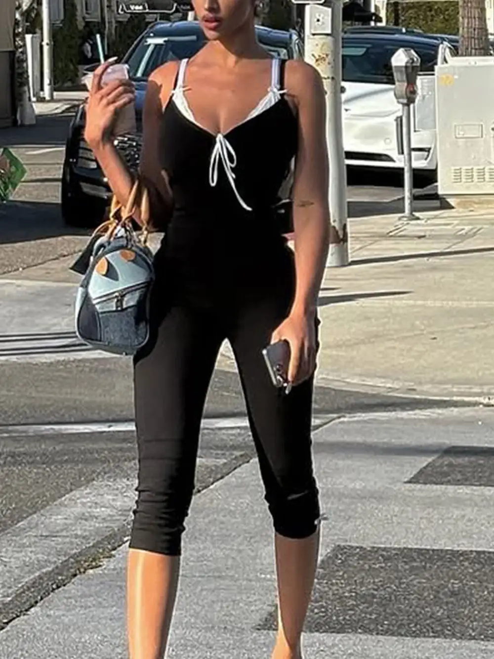 Lace Trim Tie Front Capri Jumpsuit