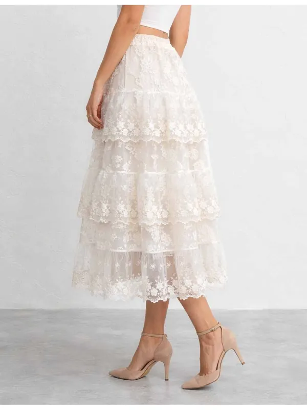 Boho Lace Tiered Ruffle Elastic Waist Maxi Skirt