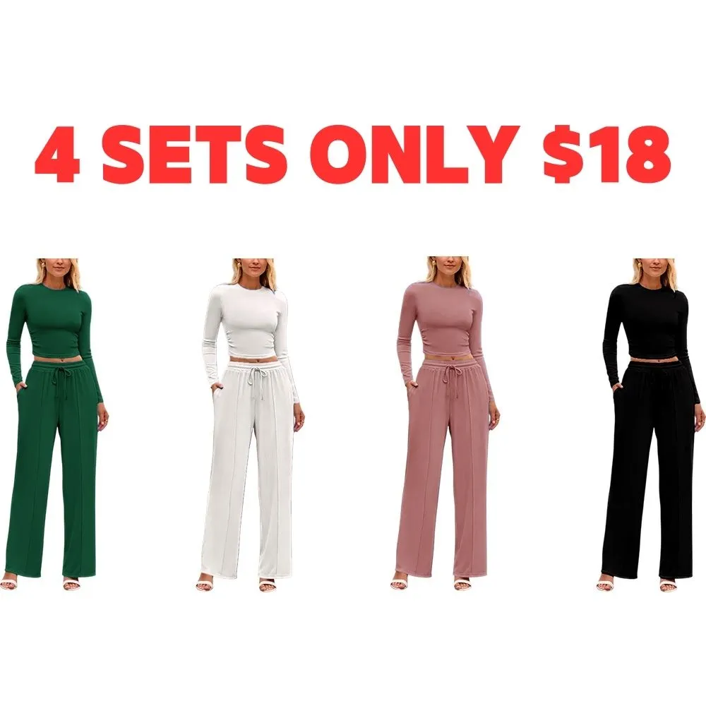 Women's 2-Piece Ribbed Knit Long Sleeve Crop Top Wide Leg Pants Matching Lounge Set Loungewear