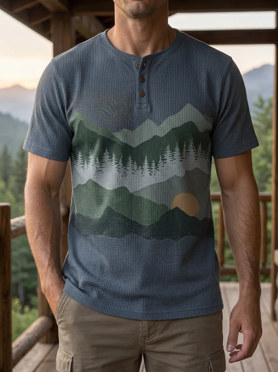 Men's Fresh Nature Lover Mountain Forest Sunset Henley T-Shirt
