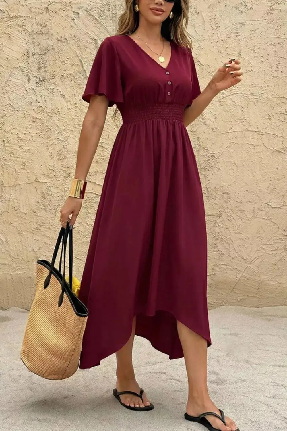 V Neck Flutter Sleeve Midi Dress