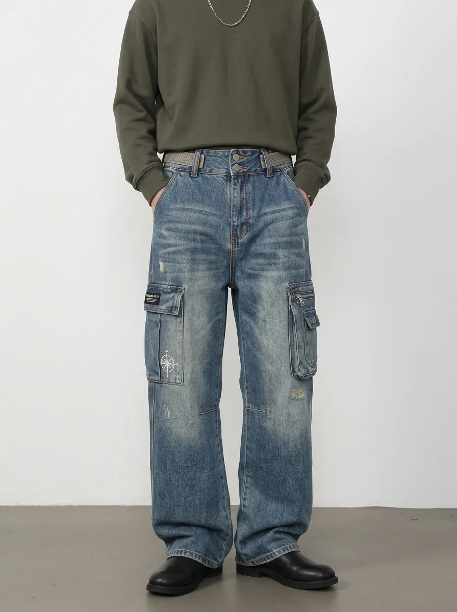 Men's Streetwear Compass Graphic Printed Denim Cargo Pants