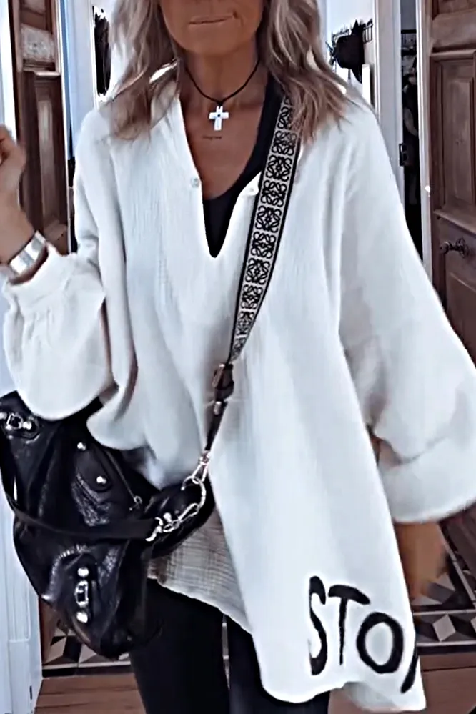 9PACK-Women'S Letter Cotton And Linen Casual Long-Sleeved Top