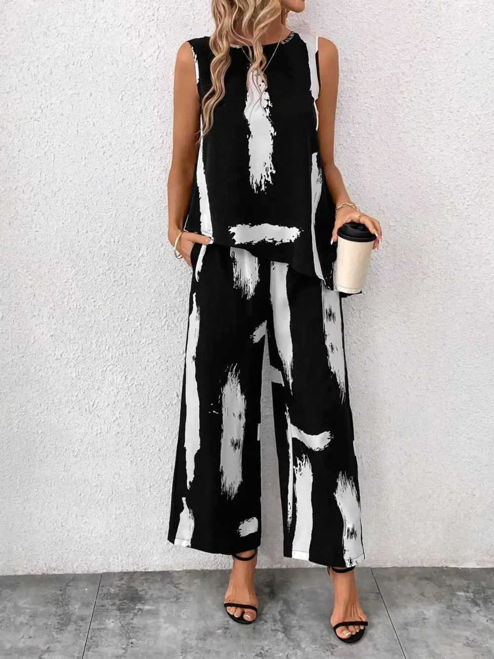 Abstract Print Sleeveless Top & Wide Leg Pants Set