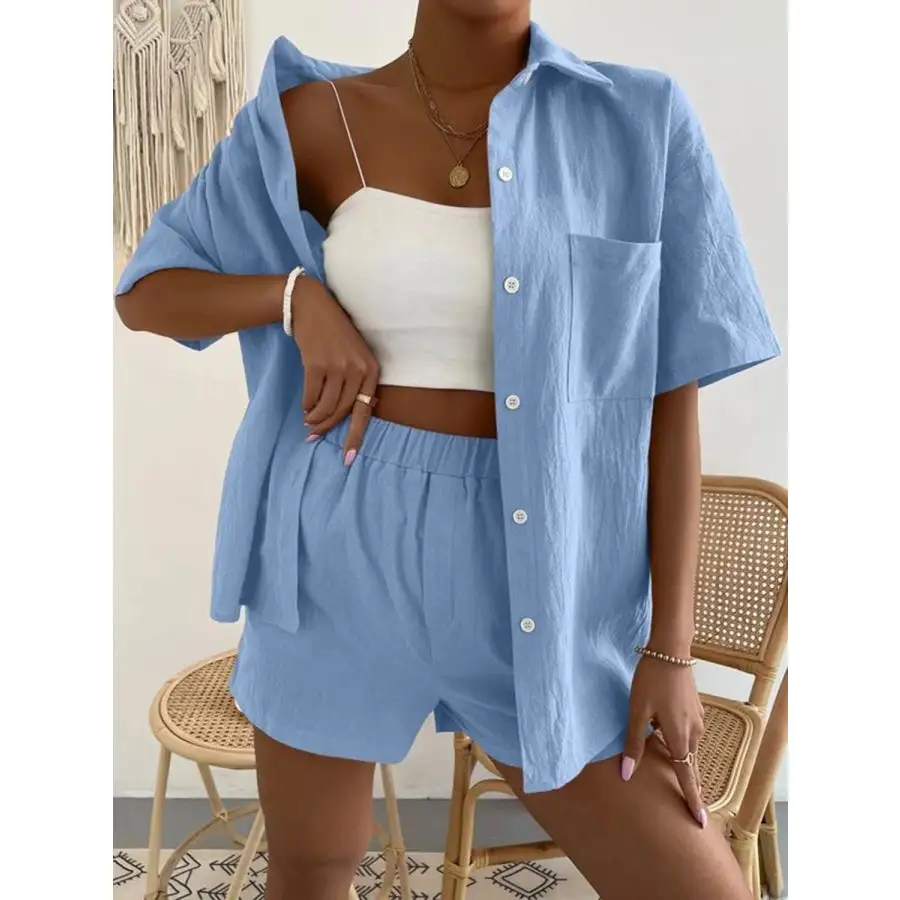 Button Up Short Sleeve Shirt and Shorts Set