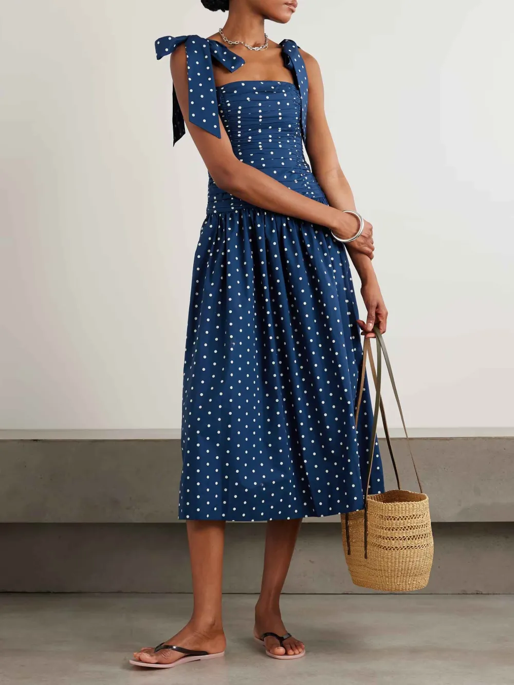 Retro Lace Up Pleated Polka Dot Midi Dress
