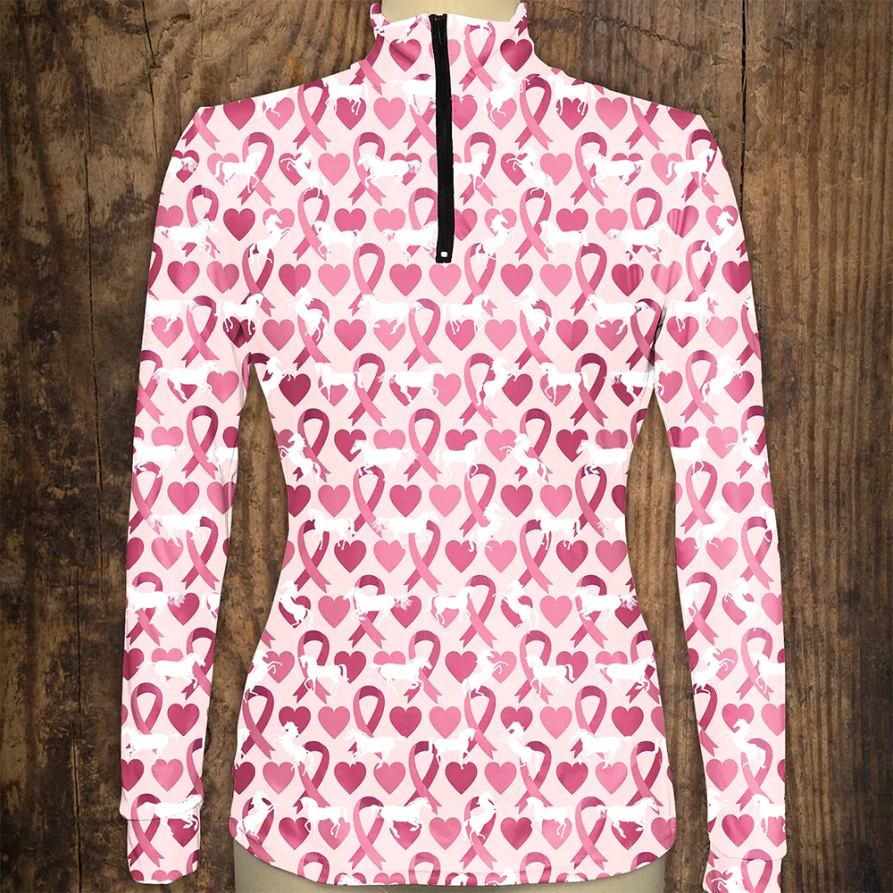 Women's Riding Style Pink Ribbon Horse Print Long Sleeve Casual Shirt