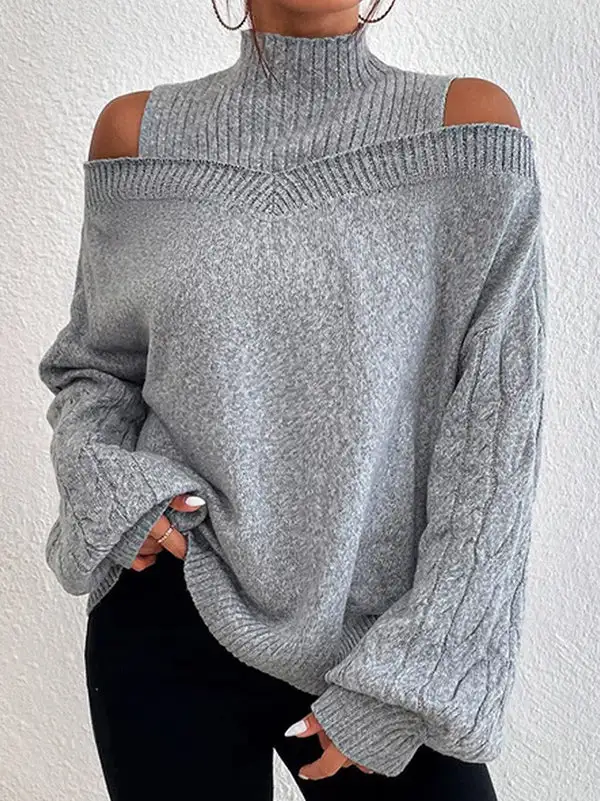 Openwork Paneled Cold Shoulder Long Sleeve Relaxed Fit Pullover Sweater