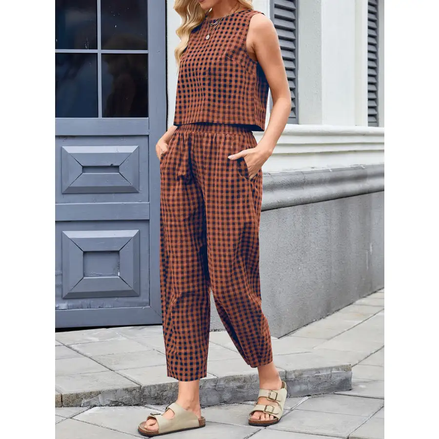 Lovelet Plaid Round Neck Sleeveless Top and Pants Set