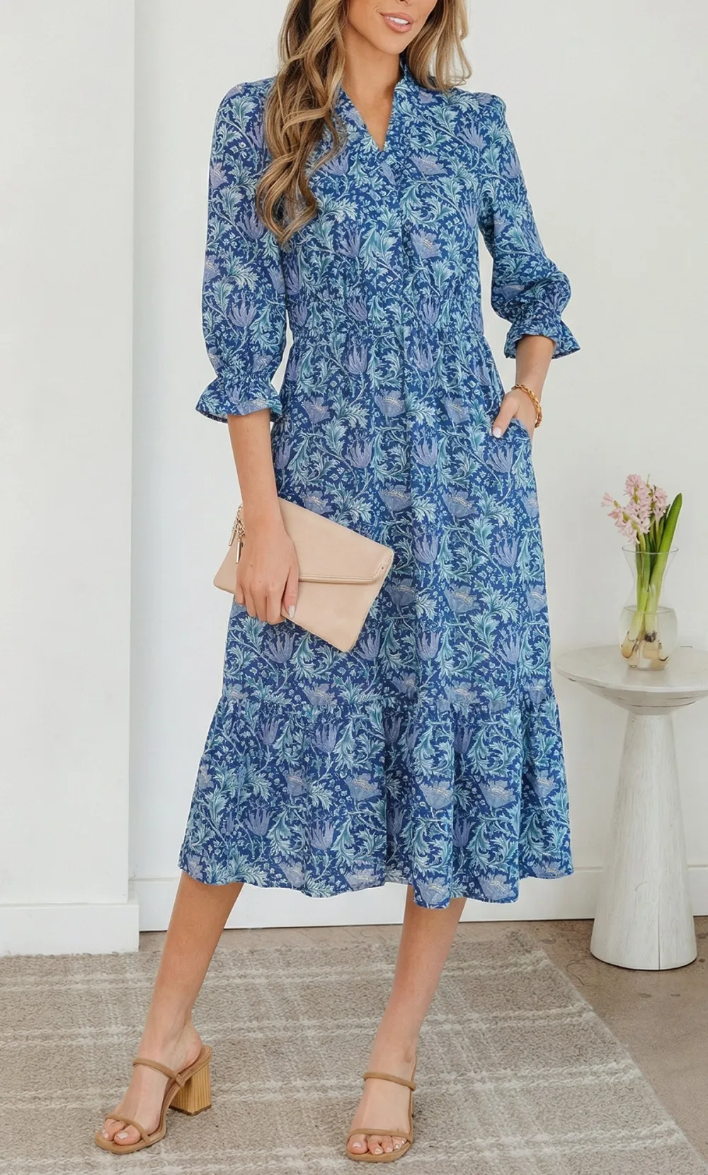 Printed Frilled V Neck Bracelet Sleeve Long Dress