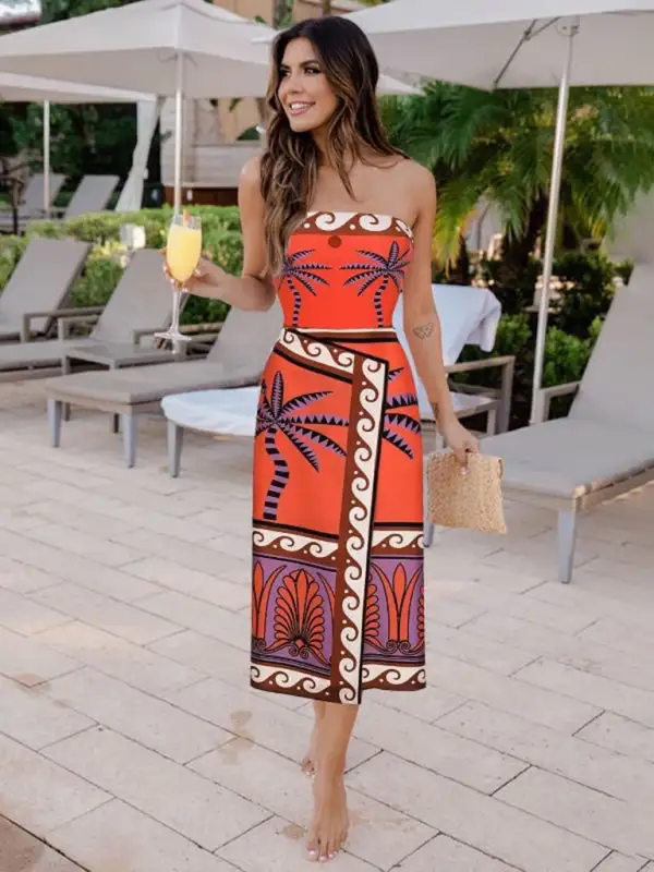 Strapless Printed One Piece Matching Swim Dress