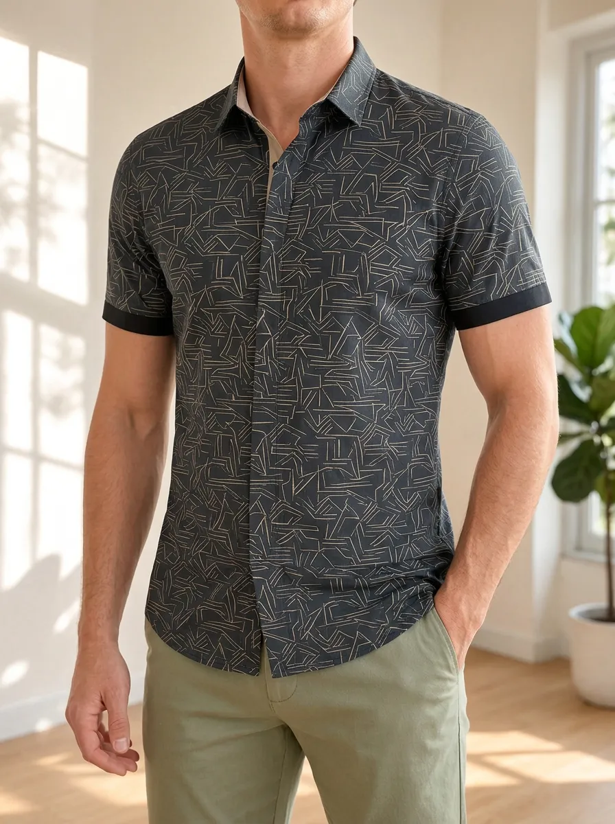 Men's Geometric Line Pattern Printed Slim Fit Shirt
