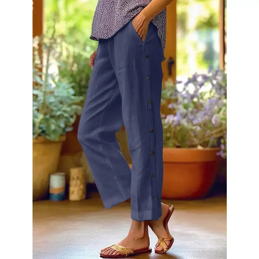 Full Size Side Decor Button Casual Wide Leg Pants Plus Size