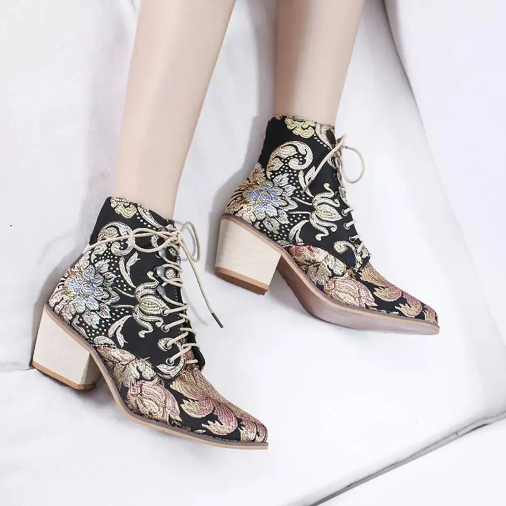 Embroidered Floral Lace Up Ankle Boots