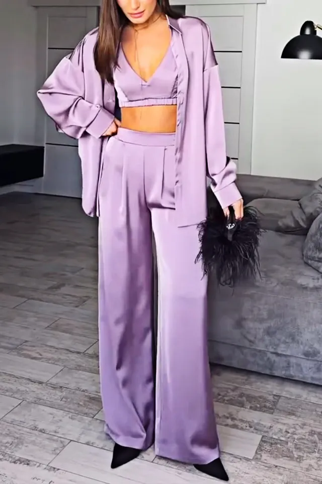 8PACK-Solid Color Silk Fabric Tank Top and Shirt and Pants Three Piece Set