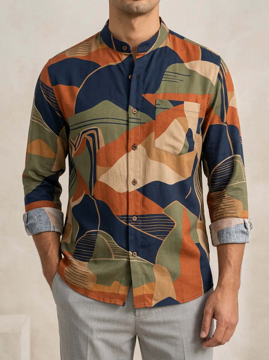 Men's Geometric Mandarin Collar Long Sleeve Shirt
